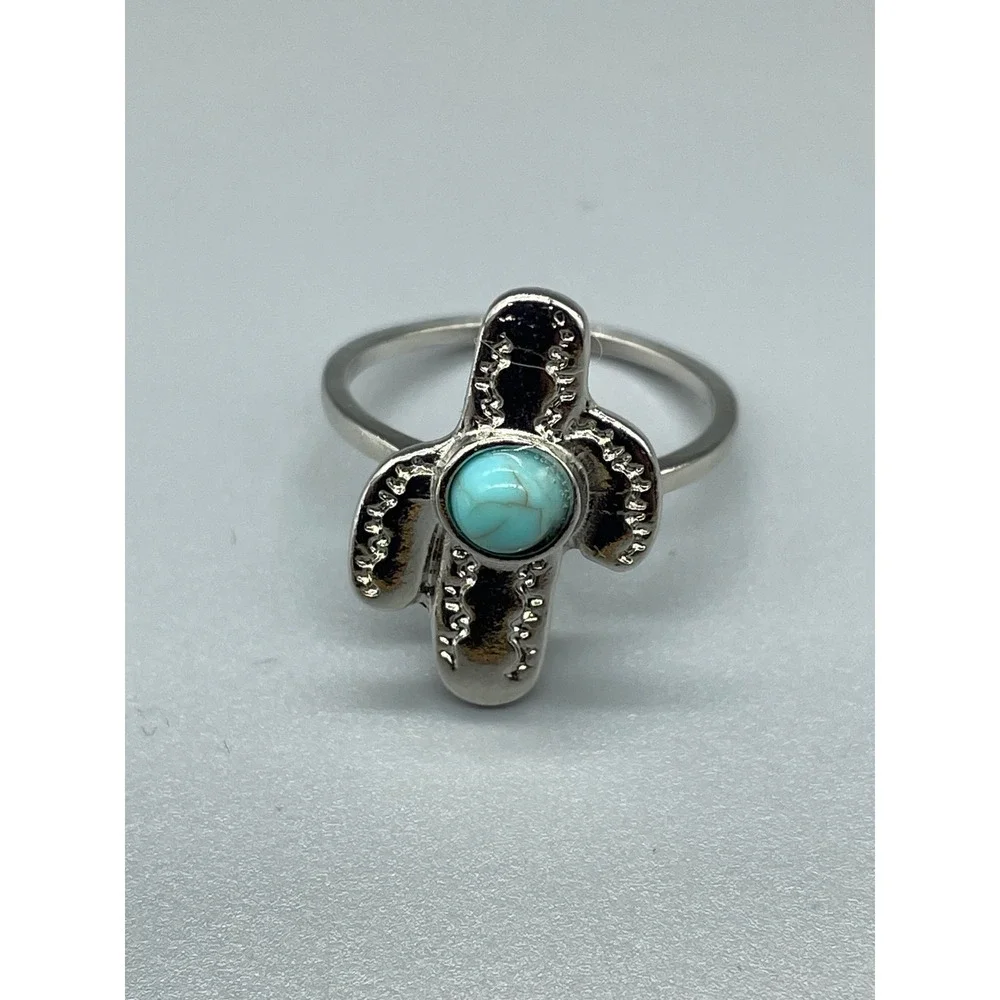 VTG Southwestern Silver Tone FAUX Turquoise Cactus Saguaro Statement Ring Sz 8.5